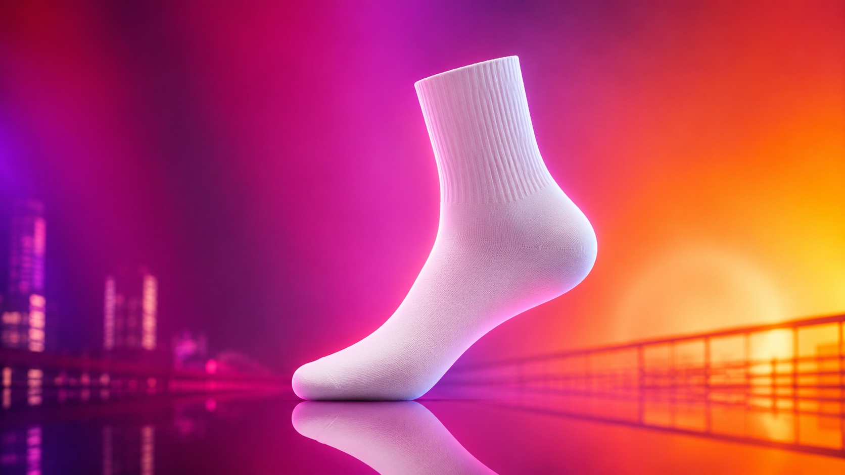 Chaussette sneaker blanche coupe quarter posée sur une surface réfléchissante, lumières de ville aux tons couchant en arrière-plan